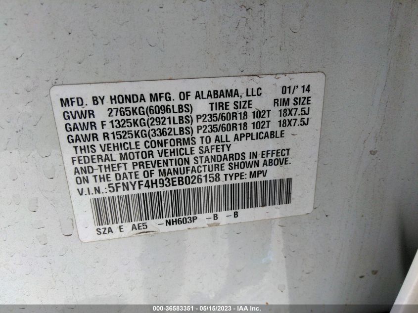 2014 HONDA PILOT TOURING - 5FNYF4H93EB026158