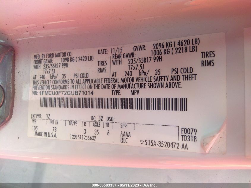 2016 FORD ESCAPE S - 1FMCU0F72GUB71014