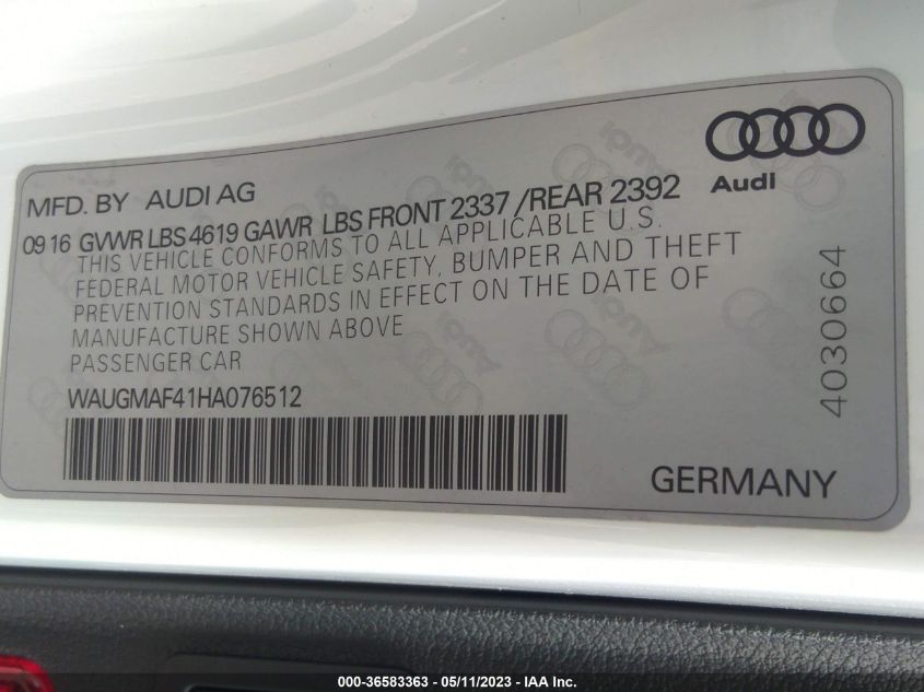 2017 AUDI A4 ULTRA PREMIUM - WAUGMAF41HA076512