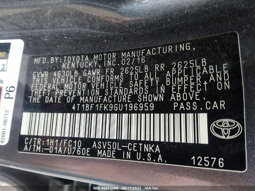 2016 TOYOTA CAMRY LE - 4T1BF1FK9GU196959