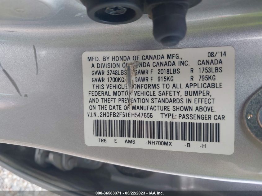 2014 HONDA CIVIC SEDAN LX - 2HGFB2F51EH547656