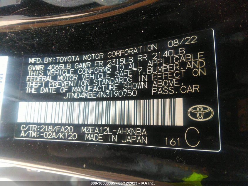 VIN JTND4MBE4N3190750 2022 TOYOTA COROLLA HATCHBACK SE/NIGHTSHADE/XSE