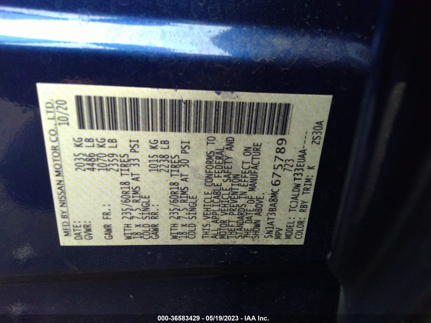 VIN 5N1AT3BA8MC675789 2021 NISSAN ROGUE SV