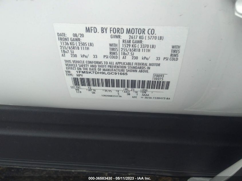 2020 FORD EXPLORER XLT - 1FMSK7DH9LGC91665