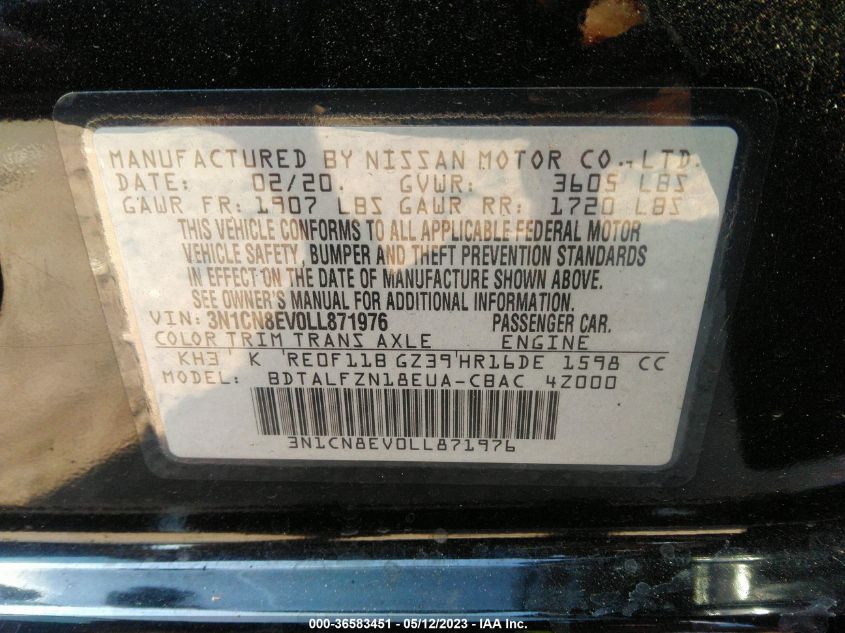 2020 NISSAN VERSA SV - 3N1CN8EV0LL871976