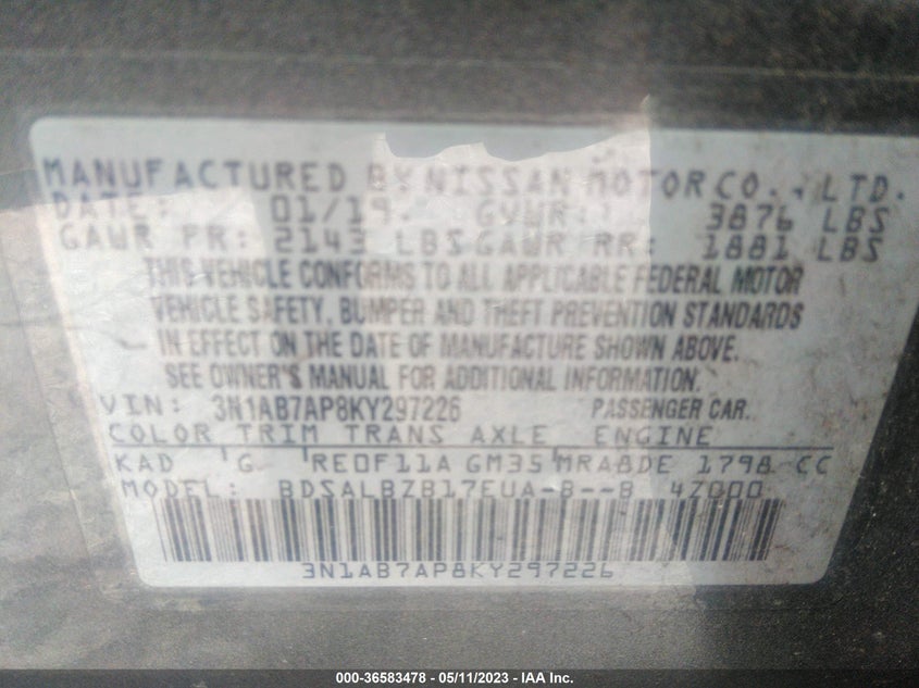 VIN 3N1AB7AP8KY297226 2019 NISSAN SENTRA S