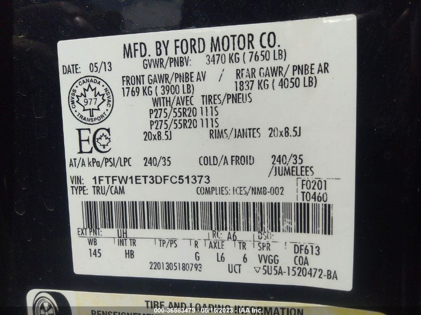 2013 FORD F-150 XL/XLT/FX4/LARIAT - 1FTFW1ET3DFC51373