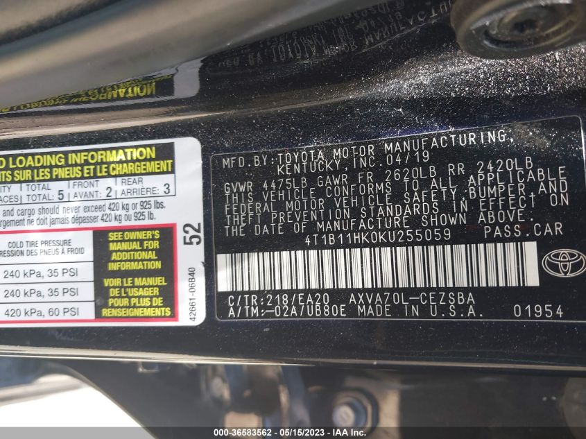 2019 TOYOTA CAMRY LE/SE/XLE/L - 4T1B11HK0KU255059