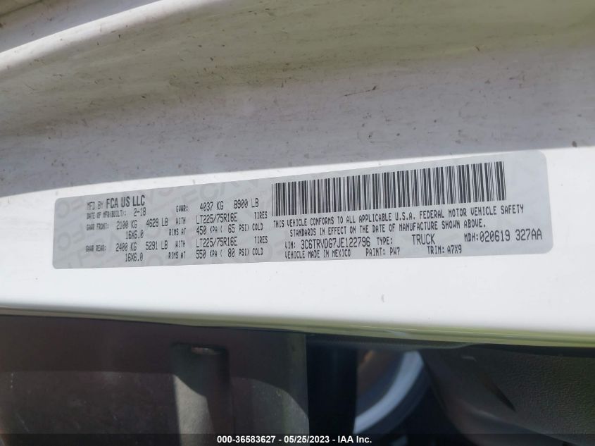 2018 RAM PROMASTER CARGO VAN - 3C6TRVDG7JE122796