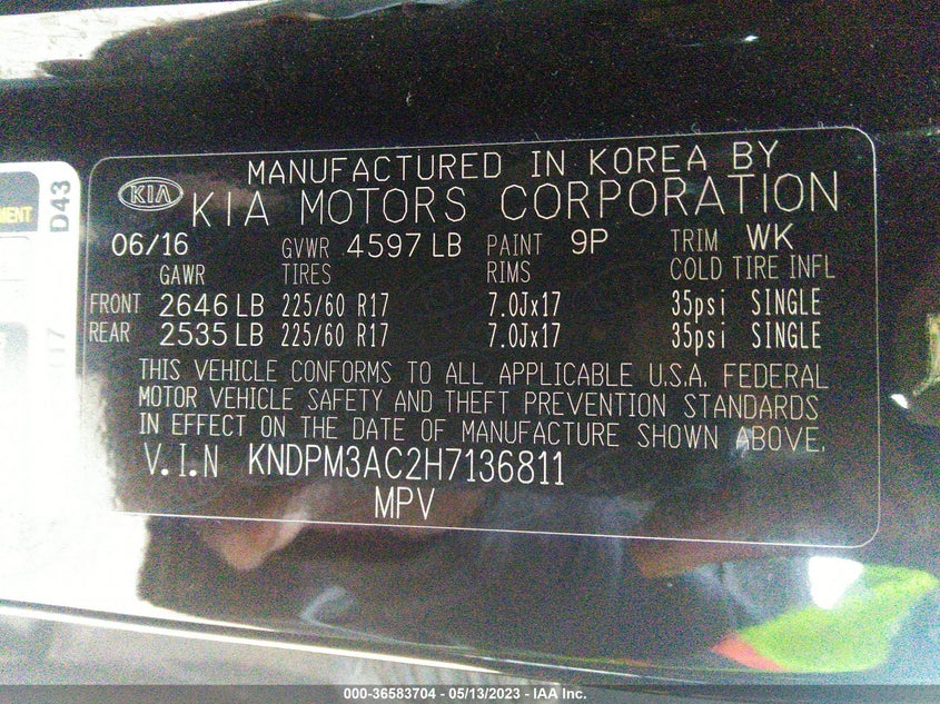 VIN KNDPM3AC2H7136811 2017 KIA SPORTAGE LX