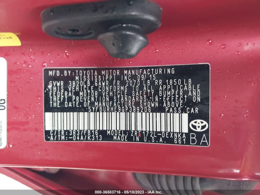 2016 TOYOTA COROLLA L/LE/S/S PLUS/LE PLUS - 5YFBURHE9GP389206