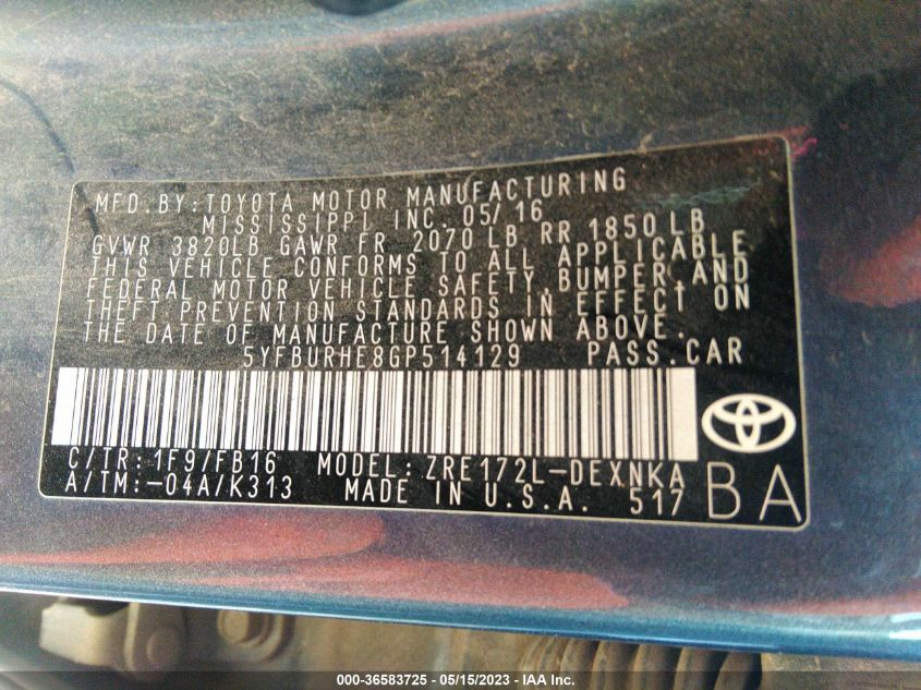 2016 TOYOTA COROLLA L/LE/S/S PLUS/LE PLUS - 5YFBURHE8GP514129