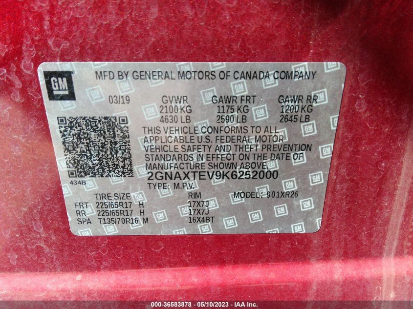 2019 CHEVROLET EQUINOX LT - 2GNAXTEV9K6252000