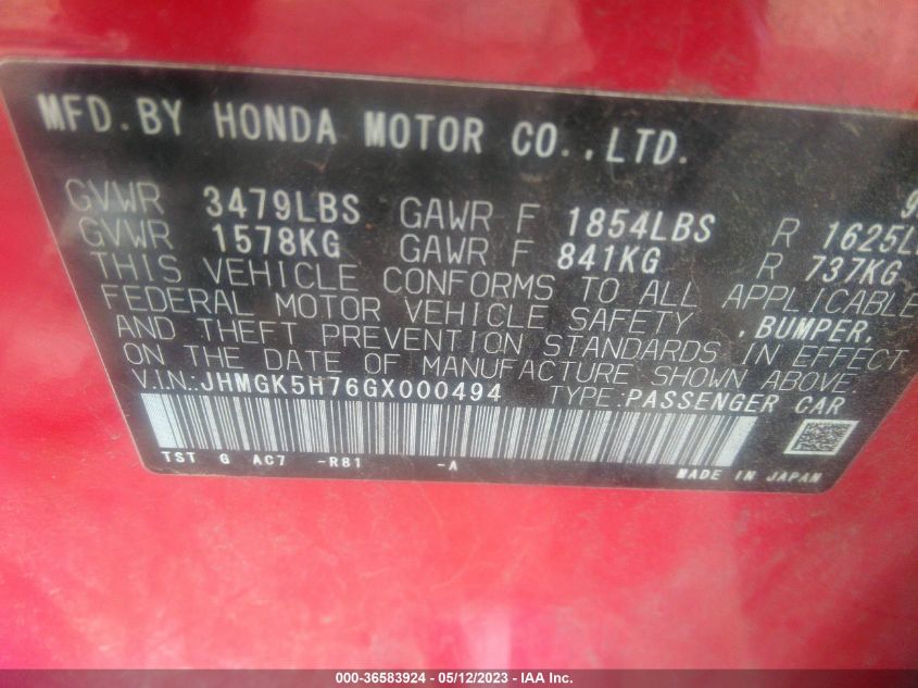 2016 HONDA FIT EX - JHMGK5H76GX000494