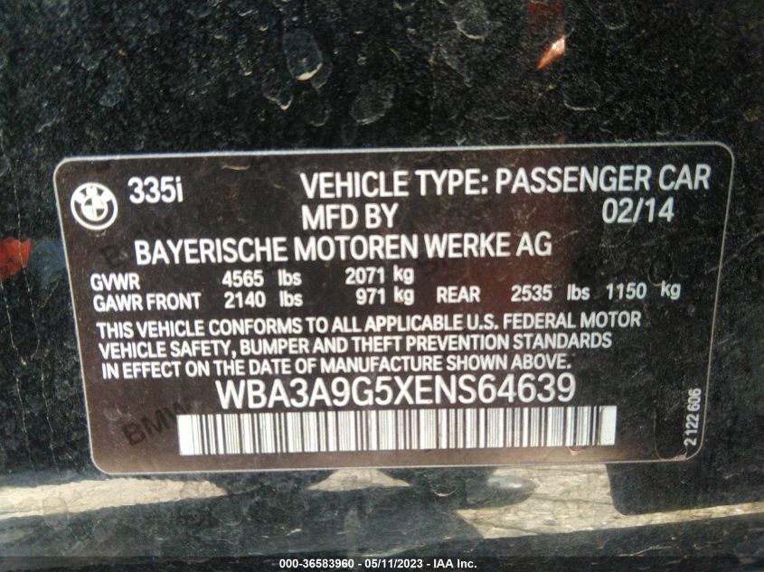 2014 BMW 335I WBA3A9G5XENS64639