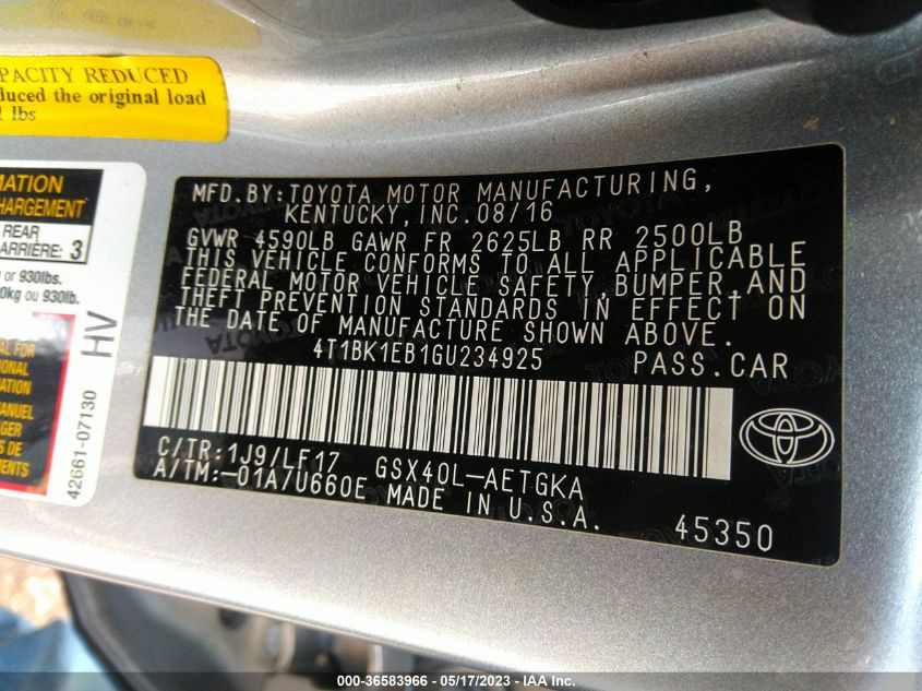 2016 TOYOTA AVALON LIMITED/TOURING/XLE - 4T1BK1EB1GU234925
