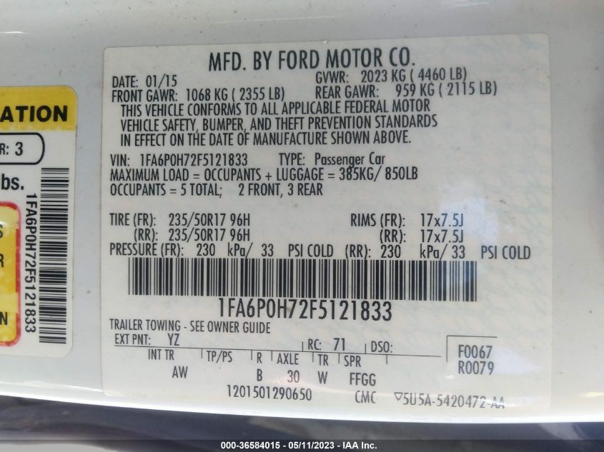 2015 FORD FUSION SE - 1FA6P0H72F5121833