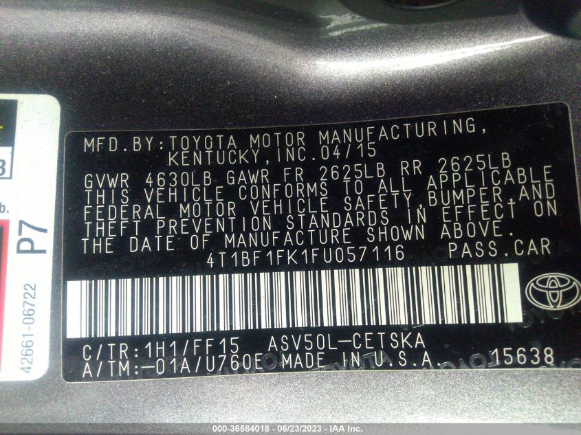 2015 TOYOTA CAMRY XLE/SE/LE/XSE - 4T1BF1FK1FU057116