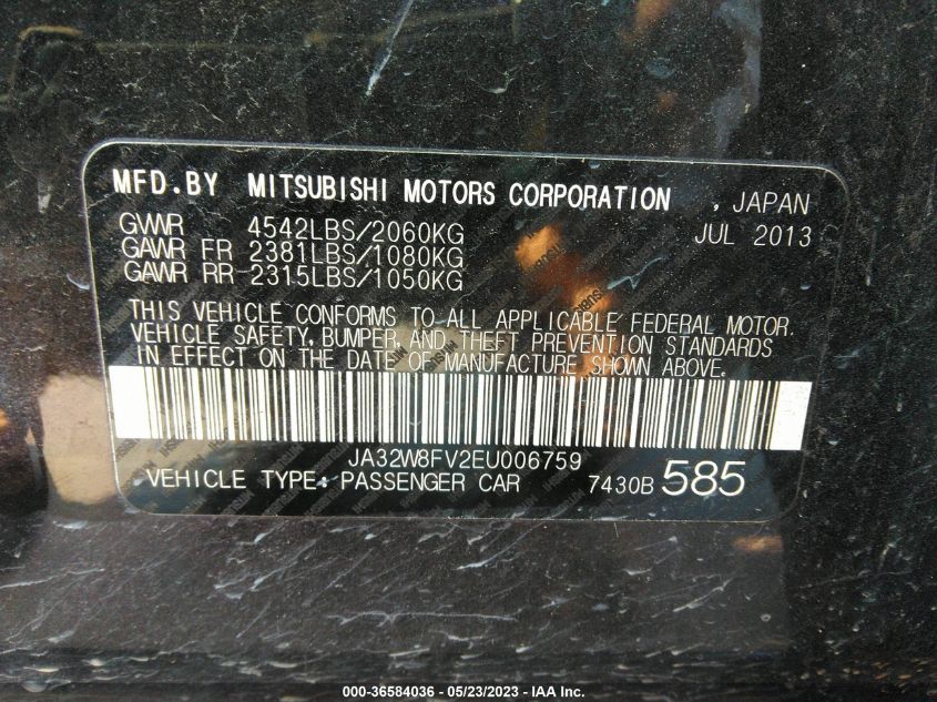 2014 MITSUBISHI LANCER EVOLUTION GSR JA32W8FV2EU006759