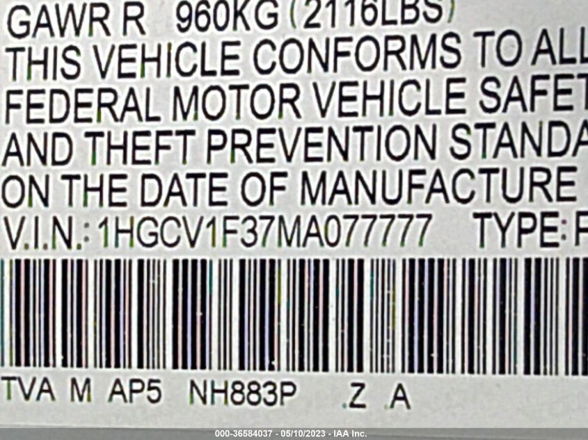 2021 HONDA ACCORD SEDAN SPORT - 1HGCV1F37MA077777