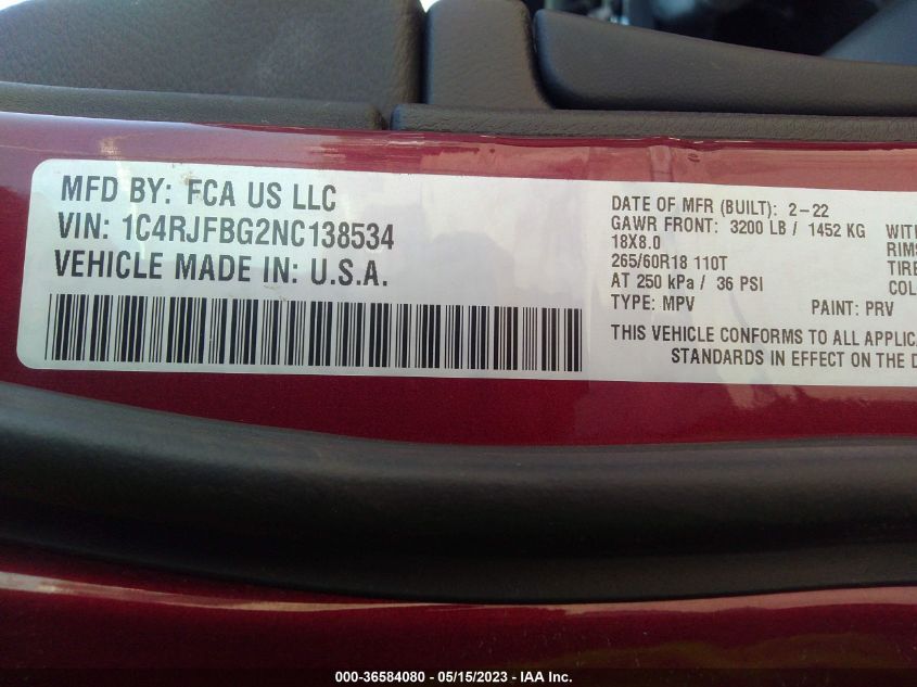 2022 JEEP GRAND CHEROKEE WK LIMITED 1C4RJFBG2NC138534