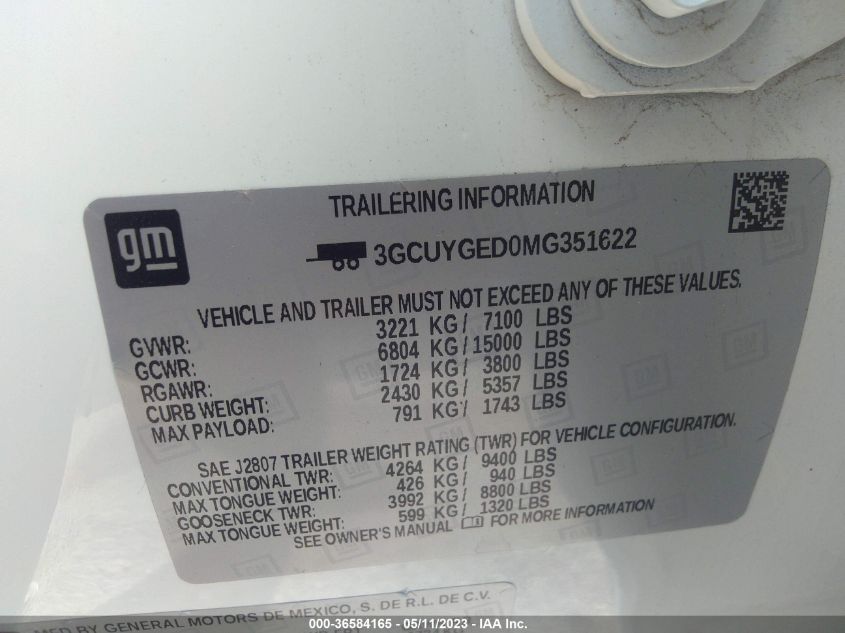 2021 CHEVROLET SILVERADO 1500 LTZ - 3GCUYGED0MG351622