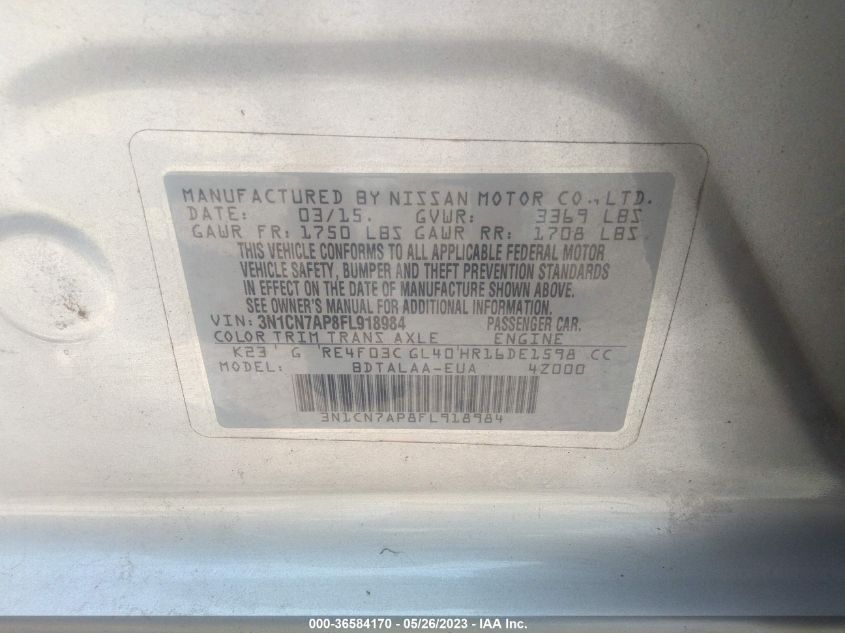 2015 NISSAN VERSA S - 3N1CN7AP8FL918984