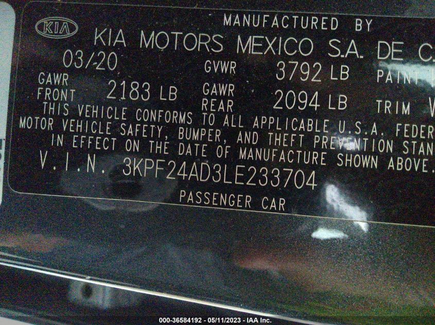 2020 KIA FORTE LXS - 3KPF24AD3LE233704