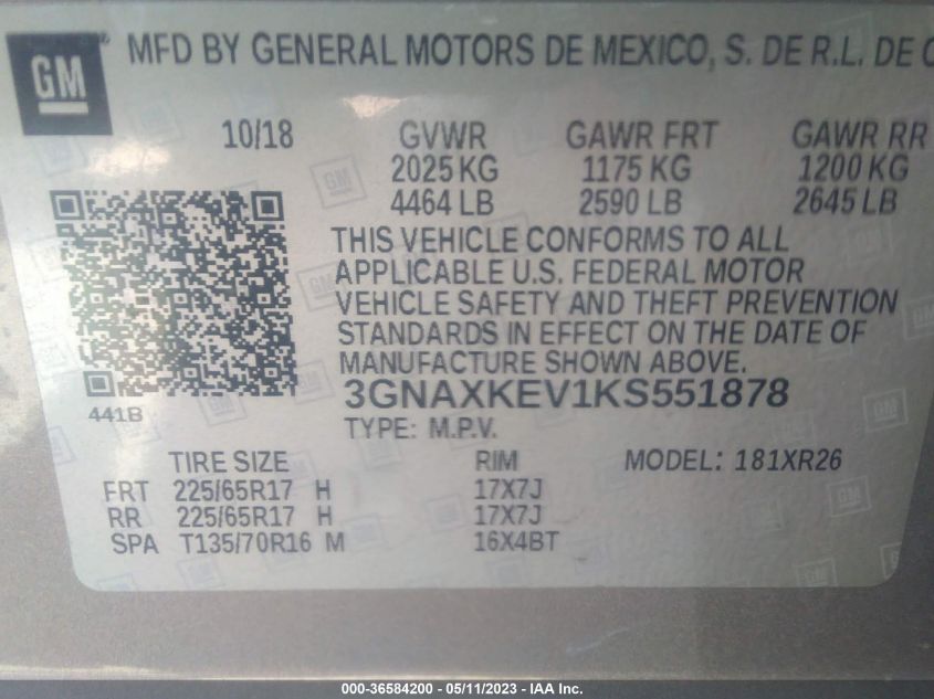 2019 CHEVROLET EQUINOX LT - 3GNAXKEV1KS551878