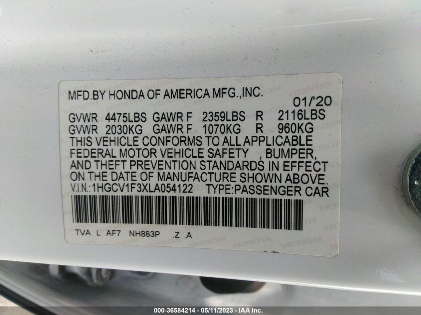 2020 HONDA ACCORD SEDAN SPORT - 1HGCV1F3XLA054122