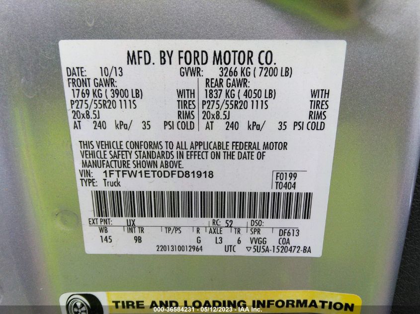 2013 FORD F-150 XL/XLT/FX4/LARIAT - 1FTFW1ET0DFD81918