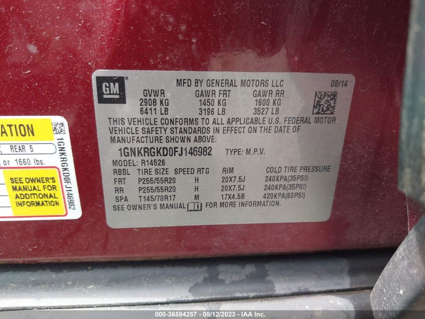 2015 CHEVROLET TRAVERSE LT - 1GNKRGKD0FJ146982