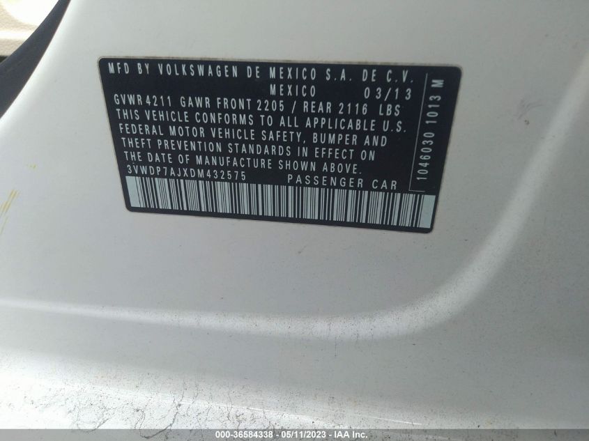 2013 VOLKSWAGEN JETTA SEDAN SE W/CONVENIENCE/SUNROOF - 3VWDP7AJXDM432575