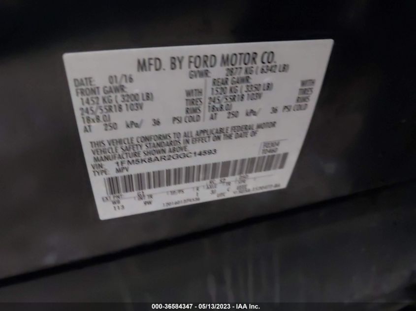 2016 FORD UTILITY POLICE 1FM5K8AR2GGC14593