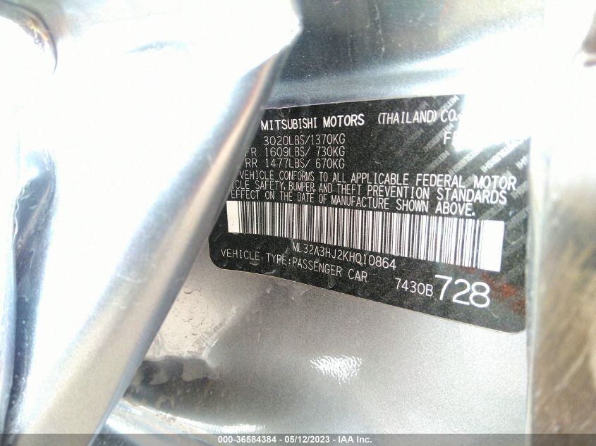 2019 MITSUBISHI MIRAGE ES/RF - ML32A3HJ2KH010864