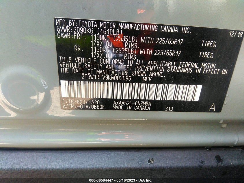 VIN 2T3W1RFV9KW003086 2019 TOYOTA RAV4 XLE
