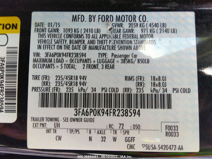 2015 FORD FUSION TITANIUM - 3FA6P0K94FR238594