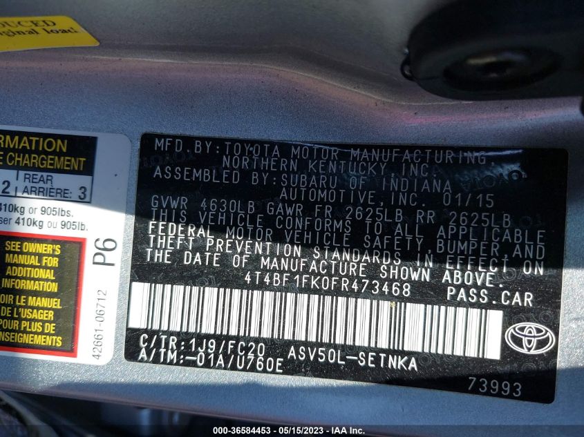 2015 TOYOTA CAMRY XLE/SE/LE/XSE - 4T4BF1FK0FR473468