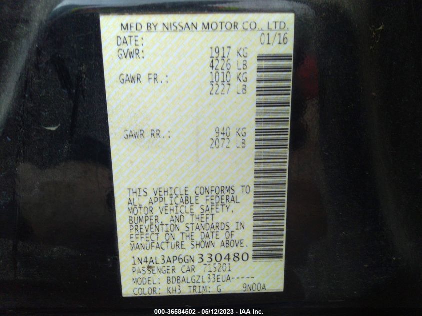2016 NISSAN ALTIMA 2.5 - 1N4AL3AP6GN330480