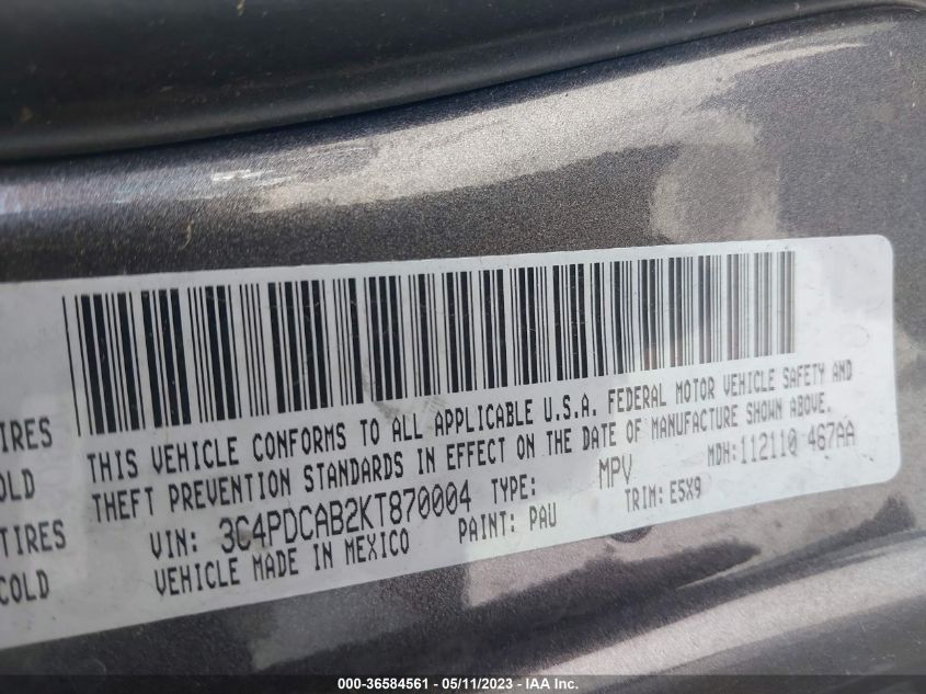 2019 DODGE JOURNEY SE VALUE PKG - 3C4PDCAB2KT870004