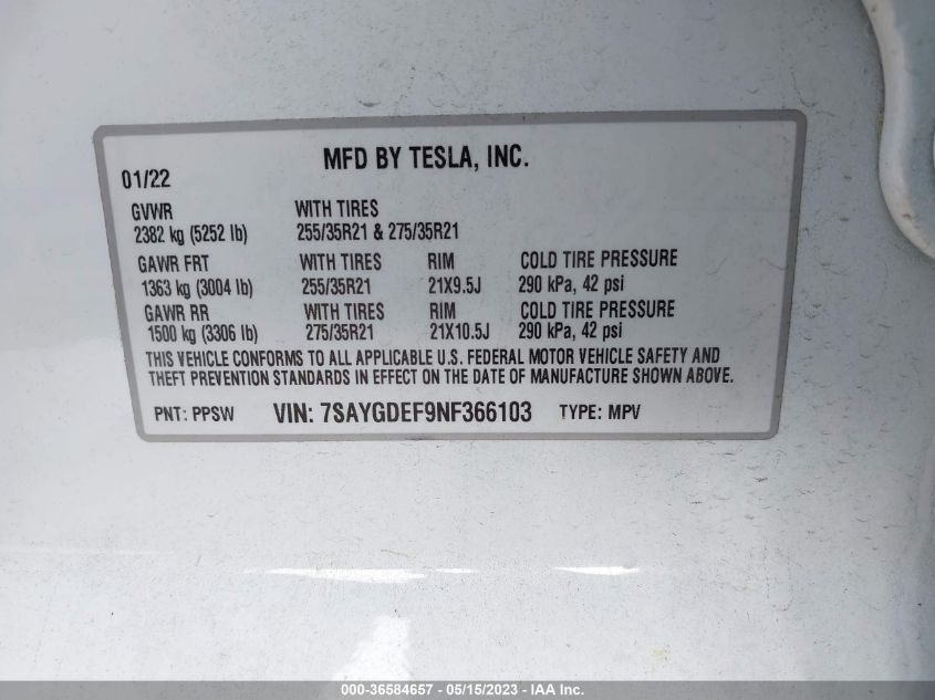 2022 TESLA MODEL Y PERFORMANCE - 7SAYGDEF9NF366103