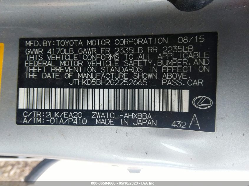 2016 LEXUS CT 200H HYBRID - JTHKD5BH2G2252665