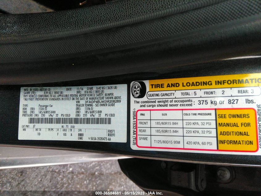 2016 FORD FIESTA SE - 3FADP4BJ4GM208289