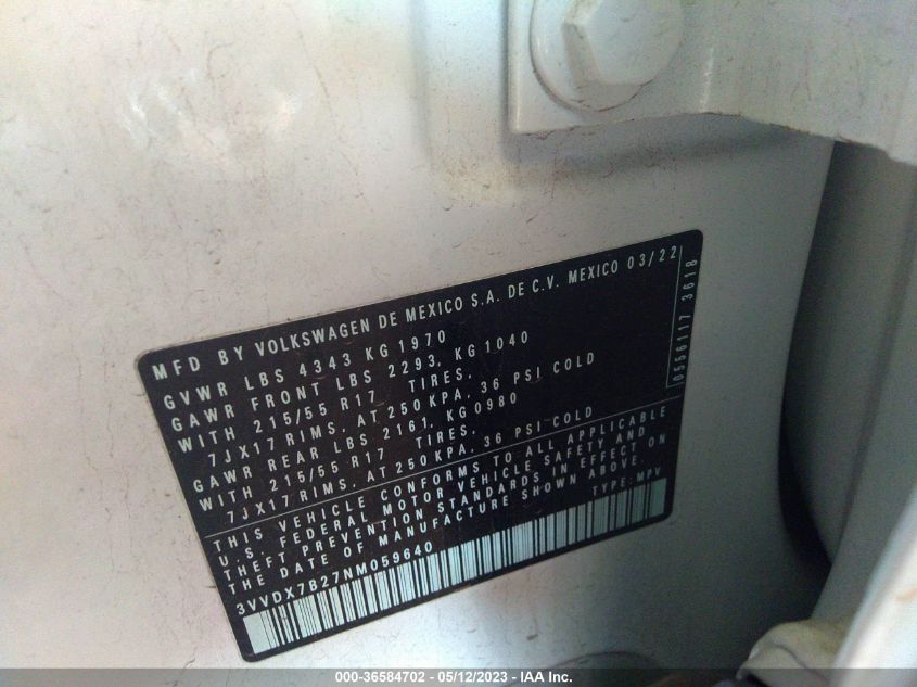 2022 VOLKSWAGEN TAOS S - 3VVDX7B27NM059640