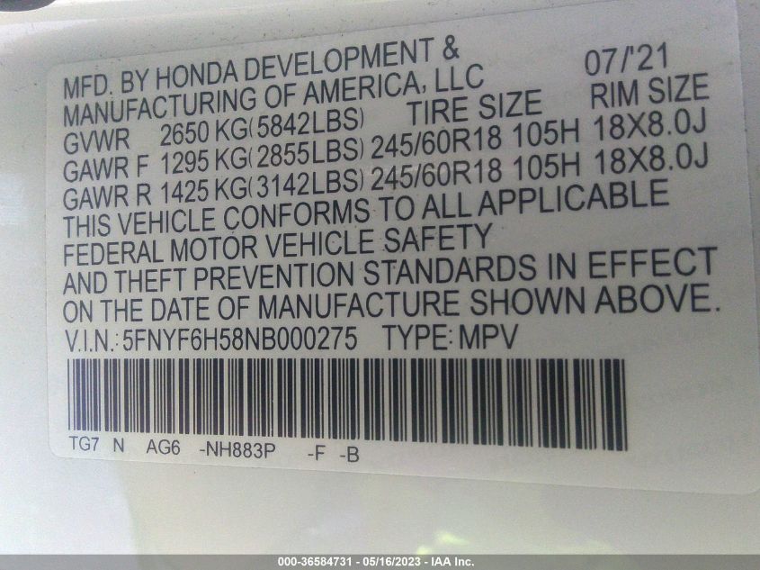 2022 HONDA PILOT EX-L - 5FNYF6H58NB000275