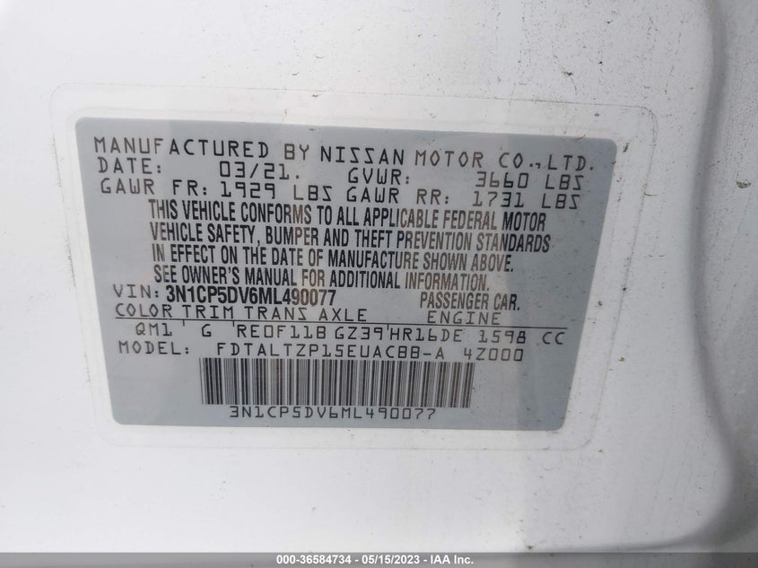 VIN 3N1CP5DV6ML490077 2021 NISSAN KICKS SR