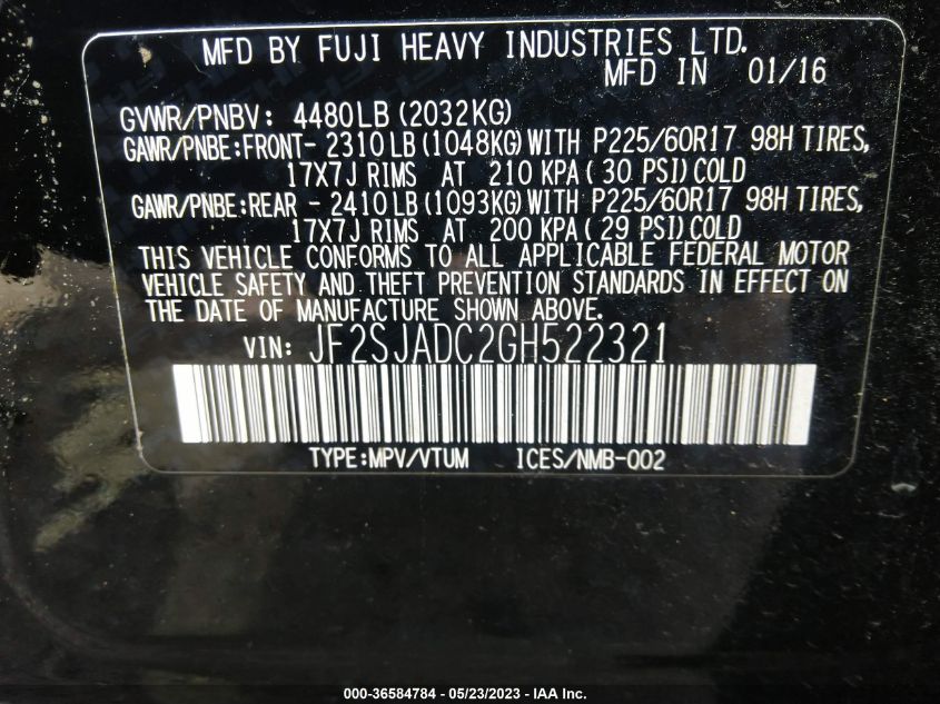 2016 SUBARU FORESTER 2.5I PREMIUM - JF2SJADC2GH522321