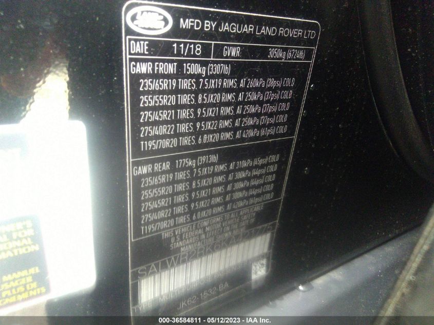 2019 LAND ROVER RANGE ROVER SPORT HSE - SALWR2RK6KA421775