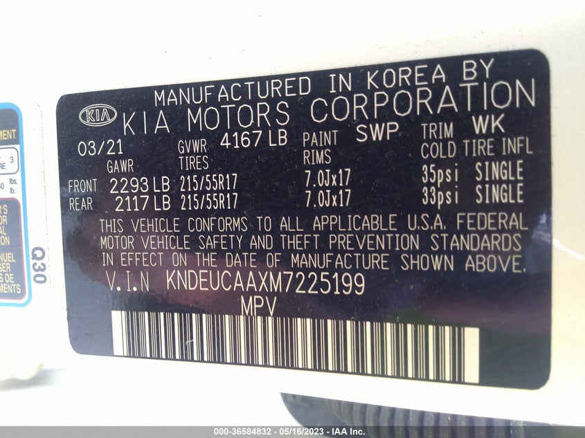 VIN KNDEUCAAXM7225199 2021 KIA SELTOS S