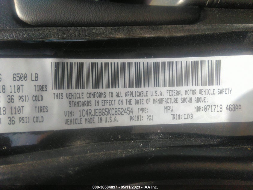 VIN 1C4RJEBG5KC852454 2019 JEEP GRAND CHEROKEE LIMITED